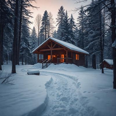 The primary subject of the image is a small cabin in the woods, surrounded by snow. The cabin is located in a forest setting, with trees visible in the background. The visual style of the image is a photo, capturing the cabin and its surroundings in a natural environment. The dominant colors in the image are white, due to the snow covering the ground, and brown, which is the color of the cabin and the surrounding trees. The overall atmosphere of the image is serene and peaceful, as the cabin is isolated in the